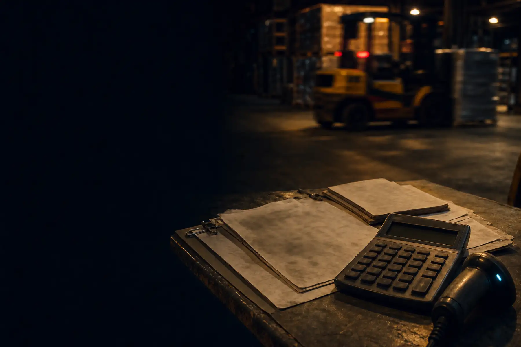 Calculadora y documentos de costos sobre una mesa, con una bodega al fondo.