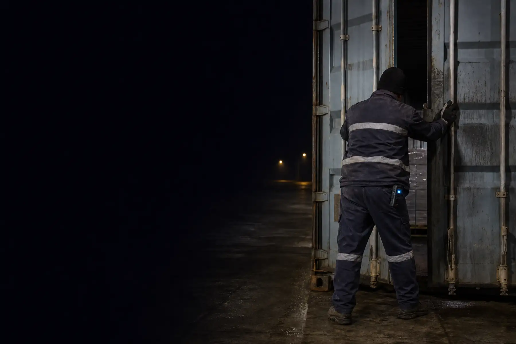 Una persona cierra un contenedor durante una operación nocturna.